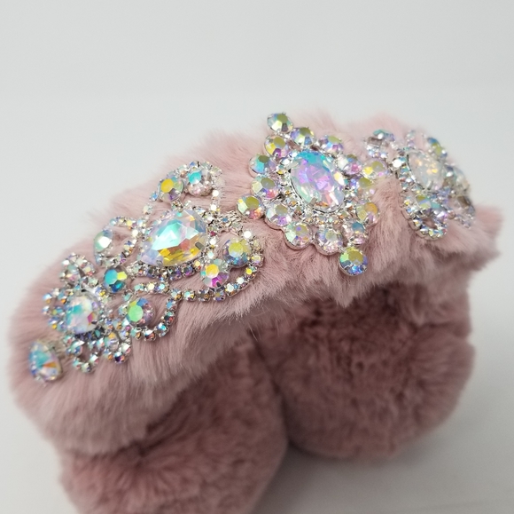 Blush Pink Faux Fur Crystal Embellished Earmuffs Earwarmers Rhinestone Headband - Picture 7 of 16